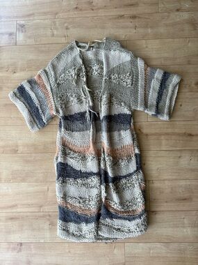 Free People Chunky Knit Kimono Cardigan Boho Duster Striped Oversized S